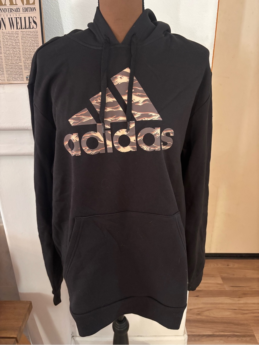 adidas Black Hoodie with Camo Logo SZ L— NWT.